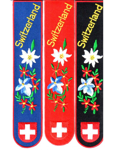 Buchzeichen gestickt Blumen Switzerland zu 12 Stück  sortiert, blau, rot, schwarz